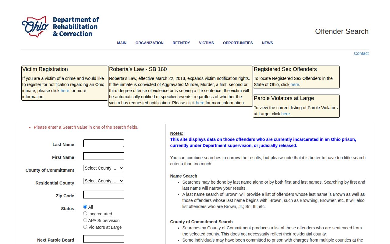 ODRC search filters for Union County parole and release supervision
