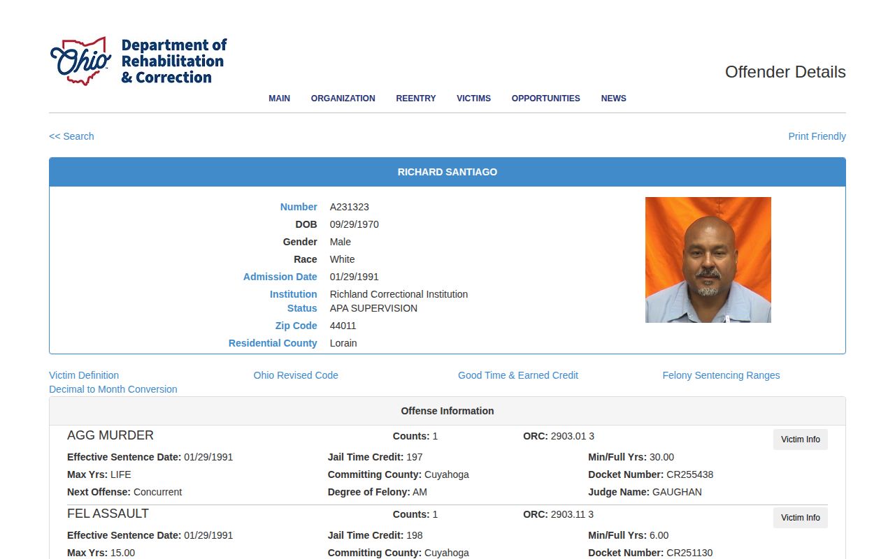 ODRC detail showing a Union County inmate projected release date field