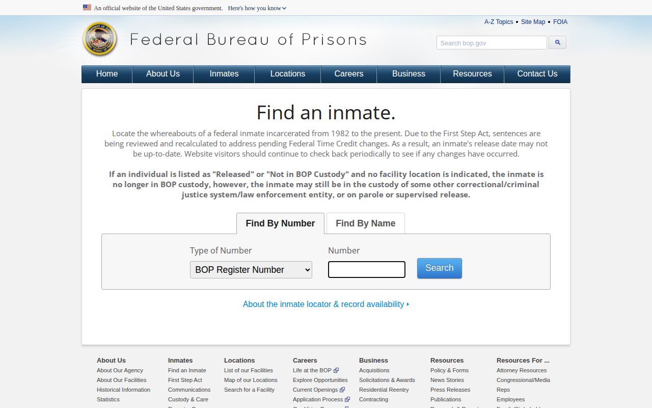 Federal Bureau of Prisons release locator for a Union County federal inmate