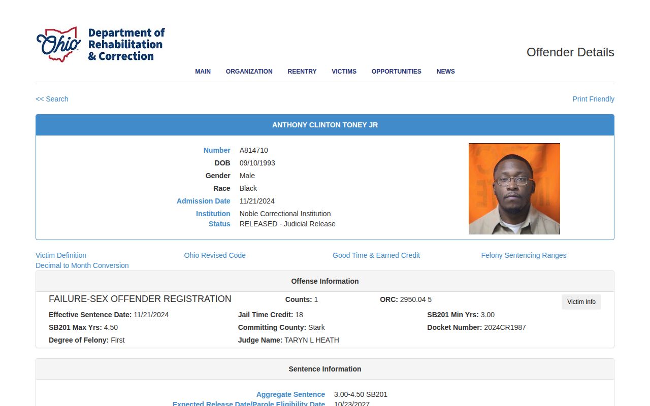 ODRC judicial release detail for a Union County release-record explanation