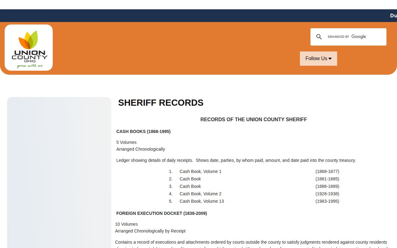 Union County Sheriff discharge register and release record inventory
