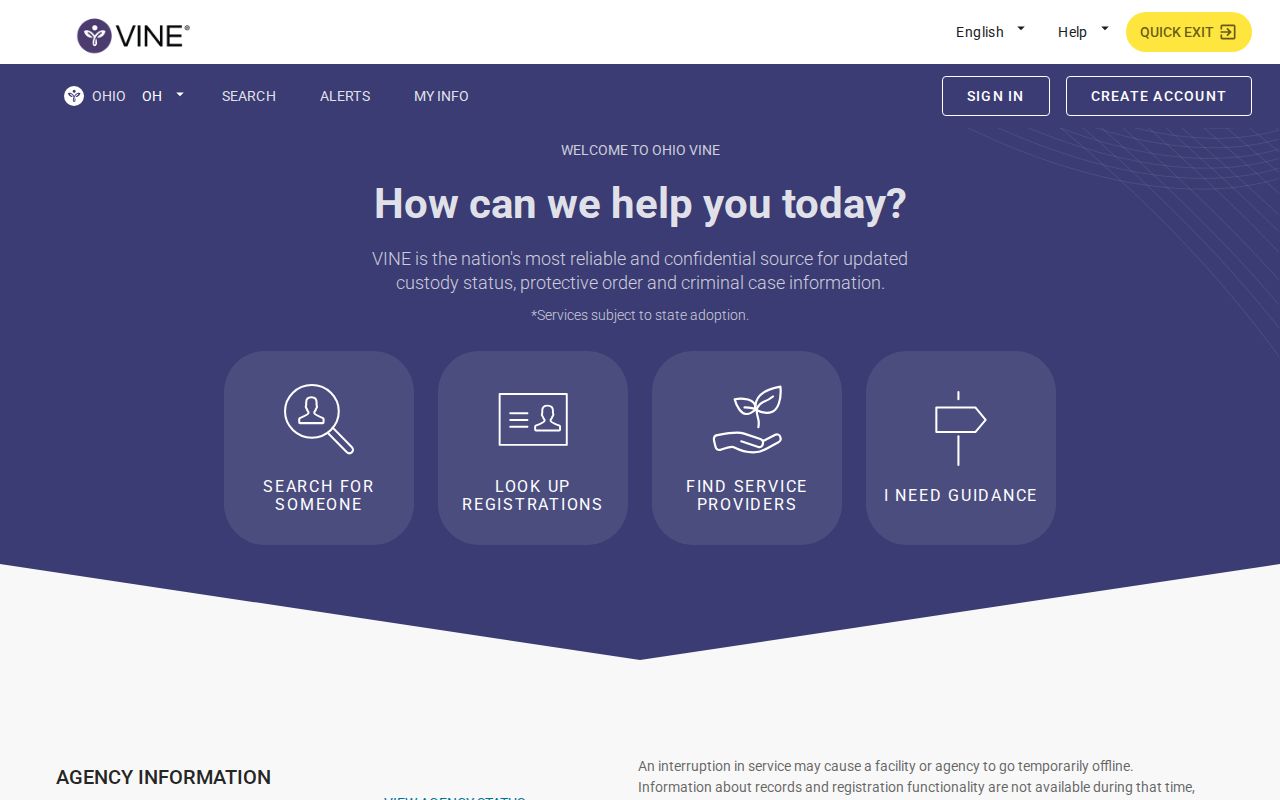 Union County VINELink release check entry screen for Ohio custody alerts